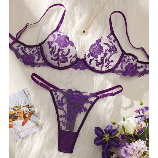 Floral Embroidered Soft Net Transparent Wired Bra Panty Set-4043