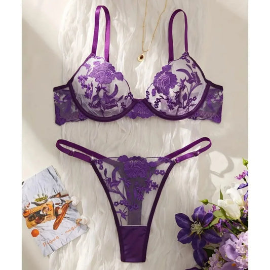 Floral Embroidered Soft Net Transparent Wired Bra Panty Set-4043