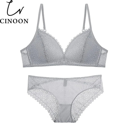 Cute Lace Flower Embroidred Back Closure Adjustable Straps Bra & Panty Set