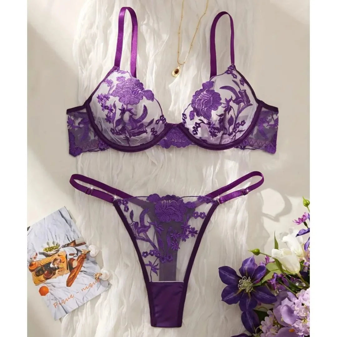 Floral Embroidered Soft Net Transparent Wired Bra Panty Set-4043