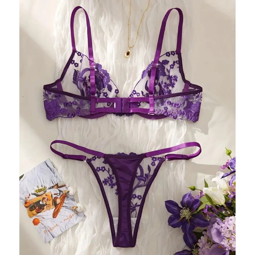 Floral Embroidered Soft Net Transparent Wired Bra Panty Set-4043