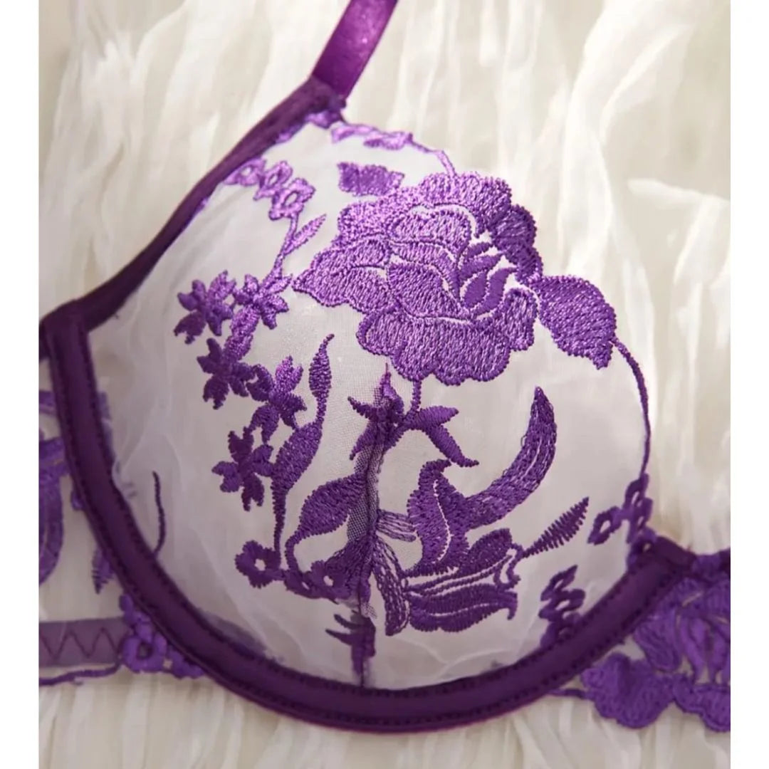 Floral Embroidered Soft Net Transparent Wired Bra Panty Set-4043