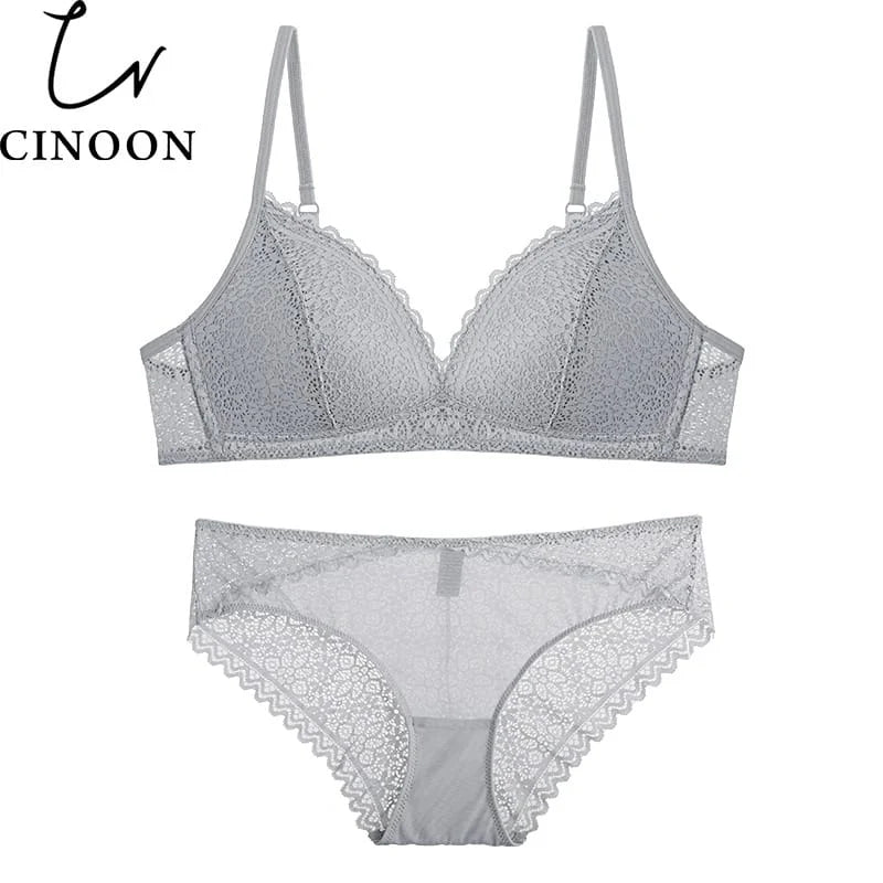 Cute Lace Flower Embroidred Back Closure Adjustable Straps Bra & Panty Set