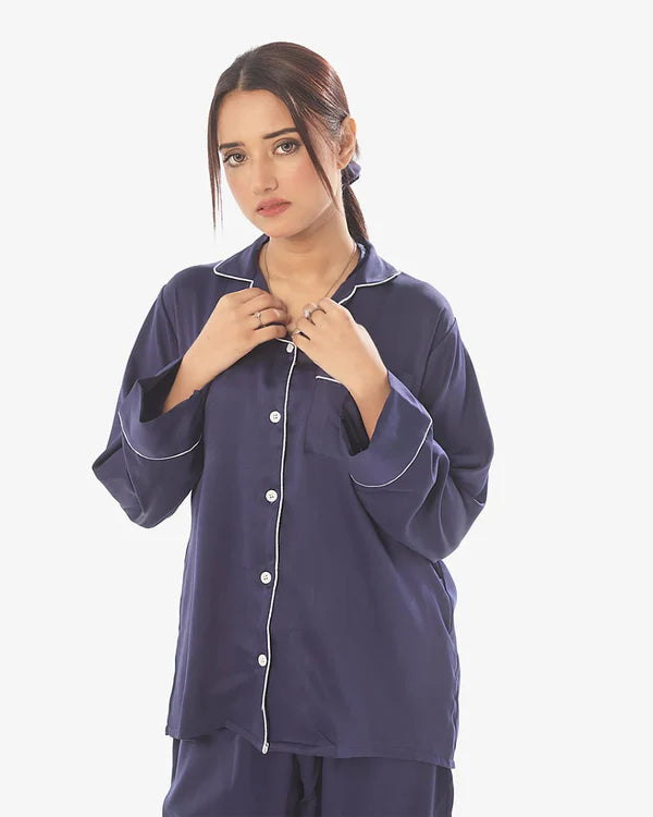 Linen Pajama Suit with Scrunchie – Sky Blossom