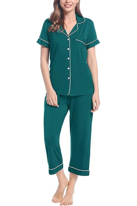 Linen Pajama Suit with Scrunchie – Sky Blossom