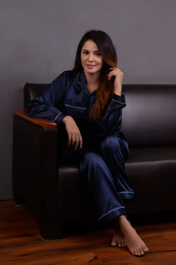 Linen Pajama Suit with Scrunchie – Sky Blossom