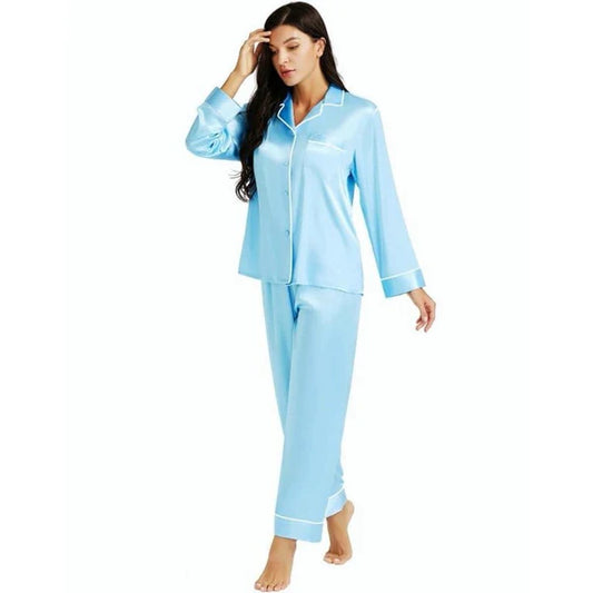 Linen Pajama Suit with Scrunchie – Sky Blossom