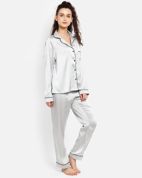 Linen Pajama Suit with Scrunchie – Sky Blossom